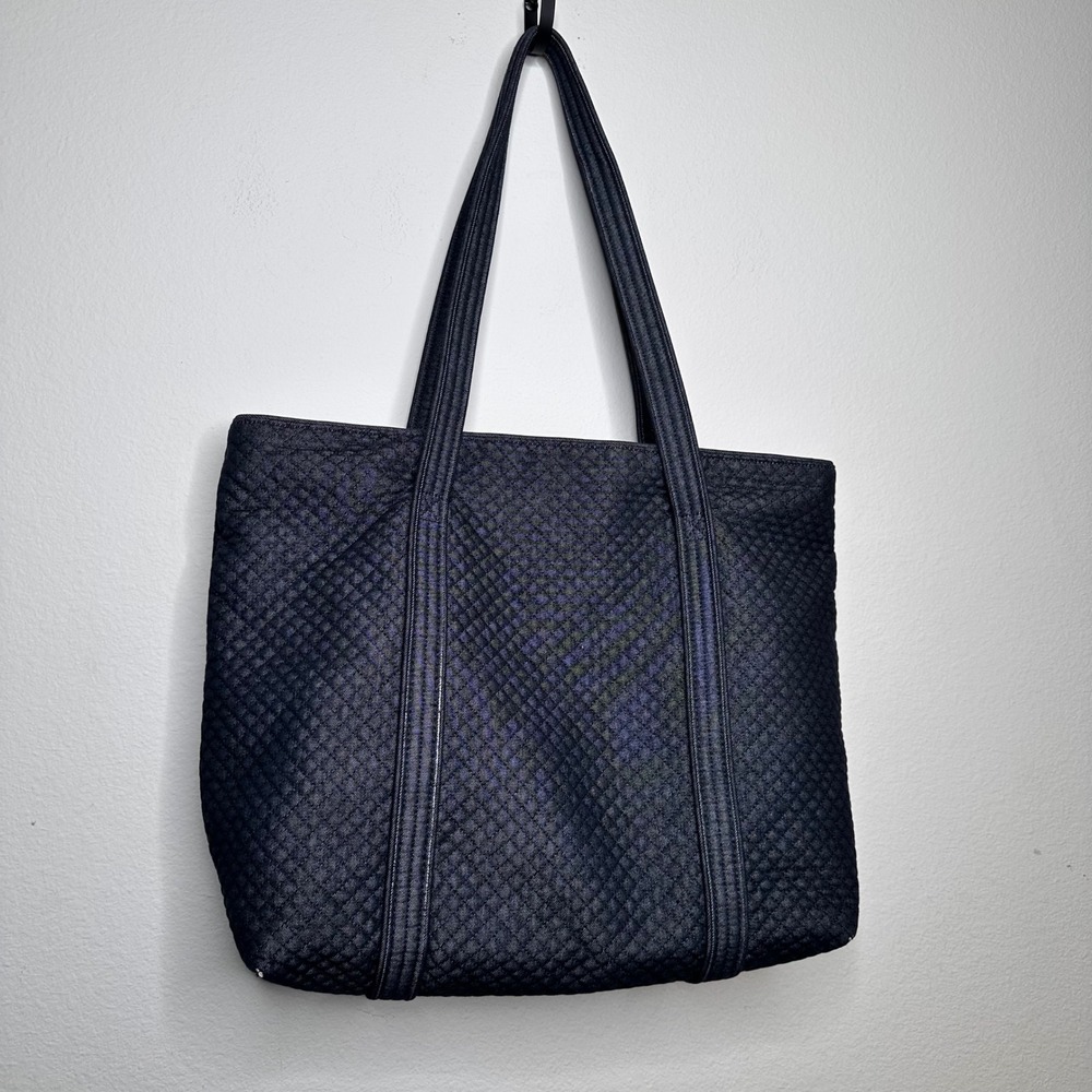 Vera Bradley Iconic Vera Tote Bag Quilted Denim Blue Cotton Floral Lining Large - Picture 5 of 12